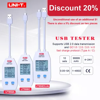 USB-тестер UNI-T UT658A/C/ДВОЙНОЙ Монитор напряжения и тока, Вольт-Амперный Цифровой Измеритель емкости зарядного устройства с накопителем данных