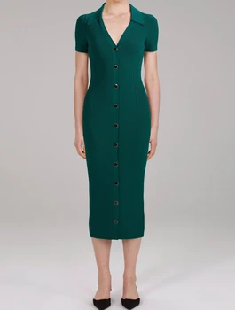 Элегантное зеленое женское однобортное платье миди с V-образным вырезом 2023 ранней весной