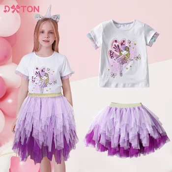 Комплекты летней одежды для девочек DXTON, детские повседневные хлопковые топы, тройники и юбка принцессы из сетчатого тюля, комплекты одежды из 2 предметов, детская одежда