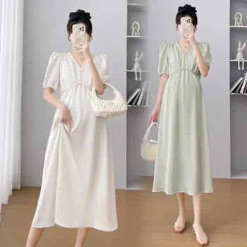 Однотонные Элегантные Платья для беременных 2023, Летняя Новая Одежда Для беременных, Модные Тонкие платья для беременных в стиле пэчворк с V-образным вырезом